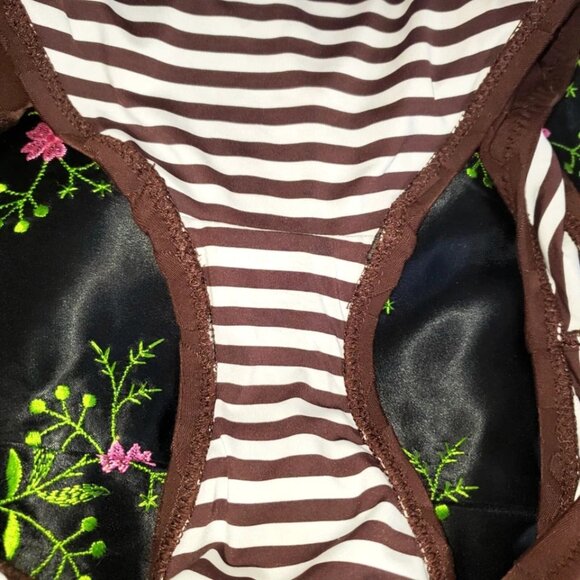 Vintage Betsey Johnson Bikini Pink 3D Rose Brown Hearts Fabric Swimsuit Size L M - Picture 12 of 14